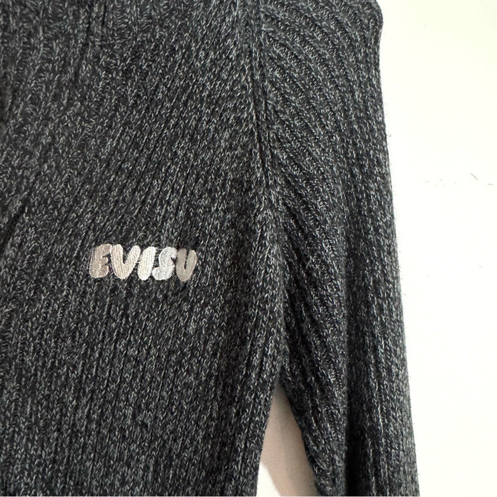 Evisu Genes Knit Double Zipped Cardigan Grey Buckle Longline Mock Neck Medium - Picture 6 of 12